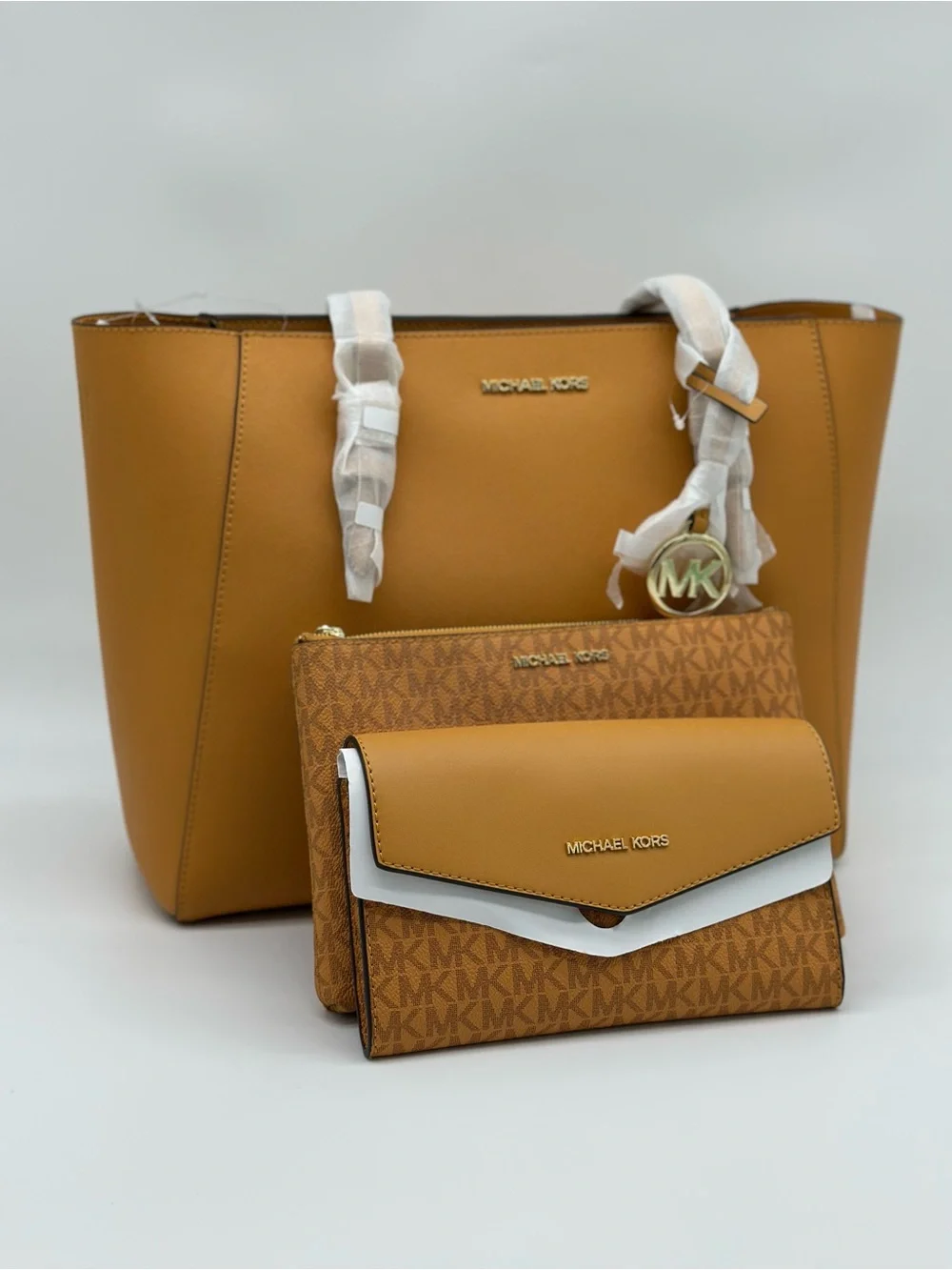 Michael Kors Caramel Tan Leather Tote with Matching Wallet & Clutch Set